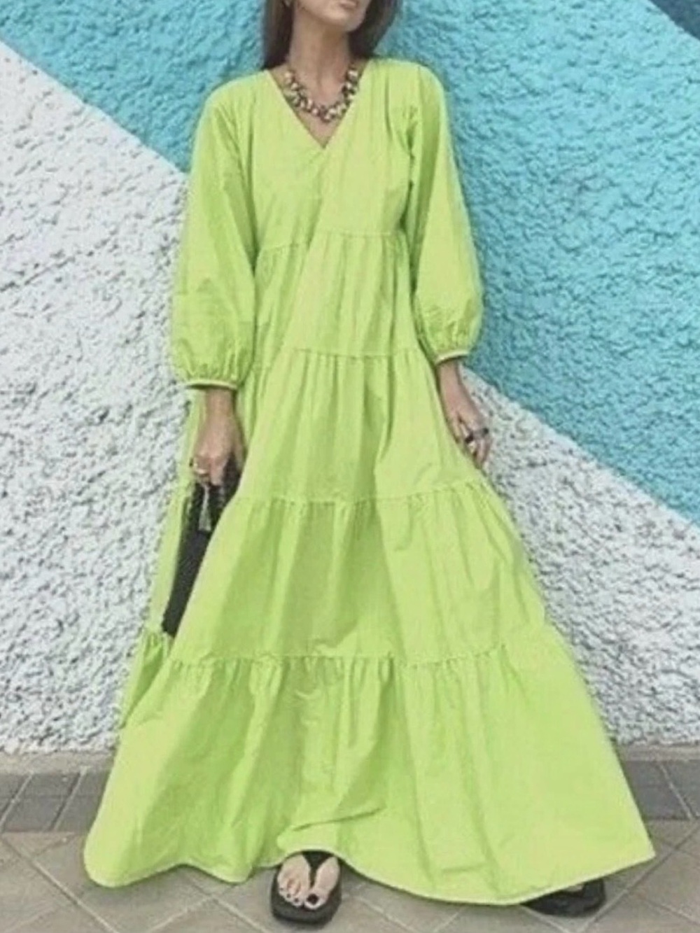 Zara Neon Green Tiered V-Neck Maxi Dress